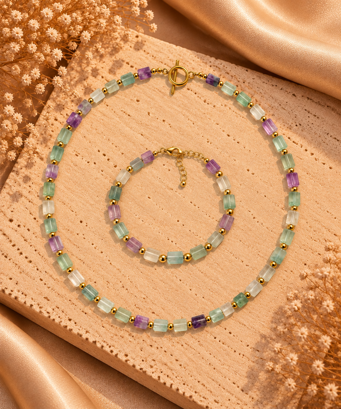 Parure en fluorite multicolore – cubes violet, vert menthe et translucide avec séparateurs dorés, collier à fermoir toggle et bracelet assortis