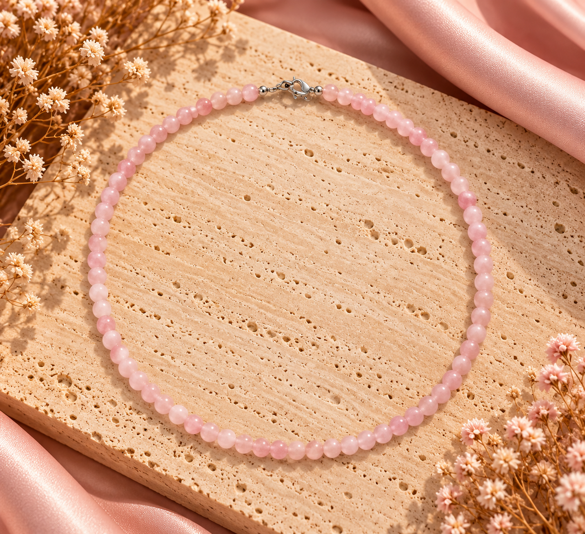 Collier en perles de quartz rose pâle translucides avec fermoir mousqueton argenté – douceur et romantisme