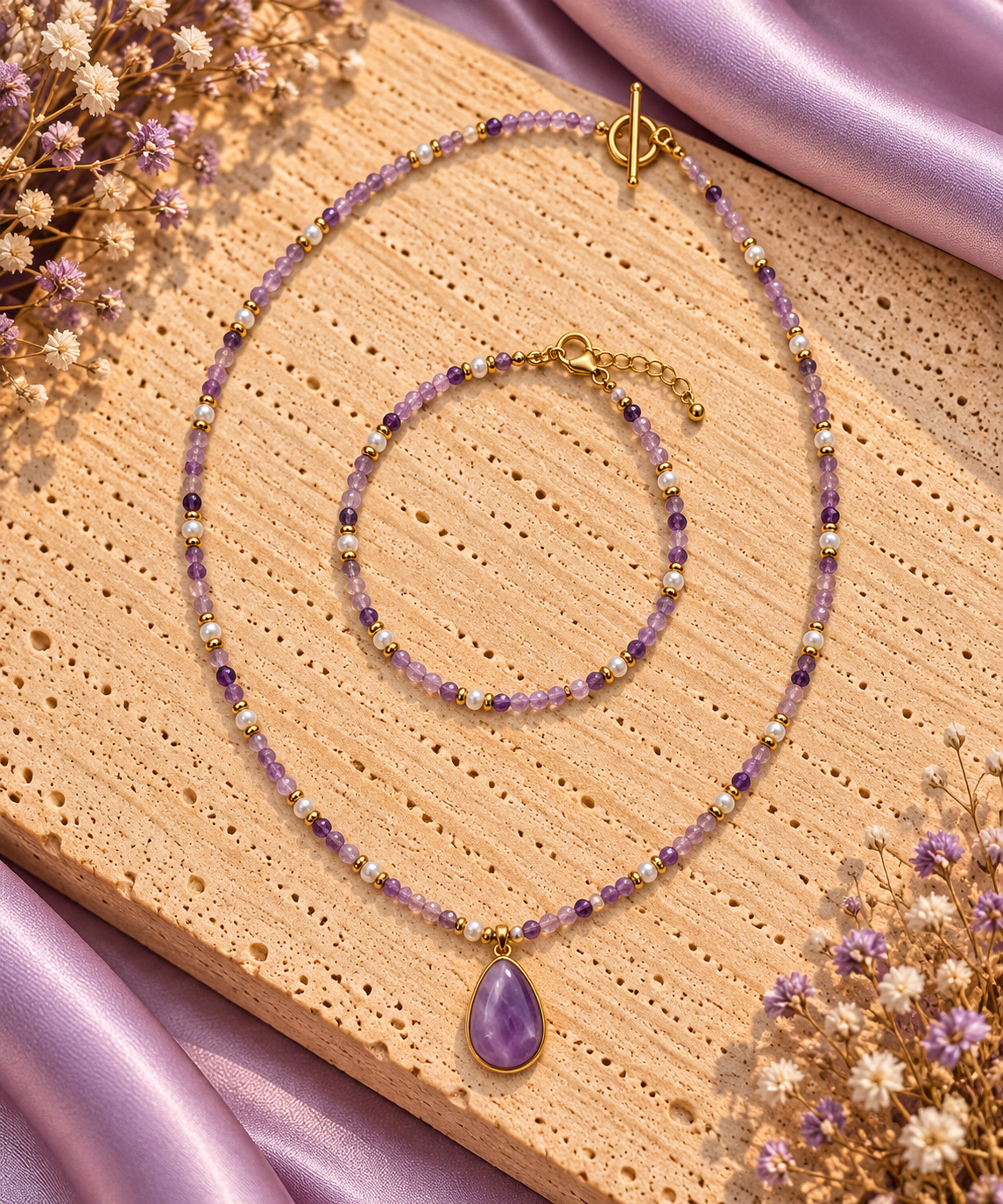 Parure collier et bracelet en perles d’améthyste violettes et perles d’eau douce nacrées avec séparateurs dorés et pendentif goutte d’améthyste serti doré