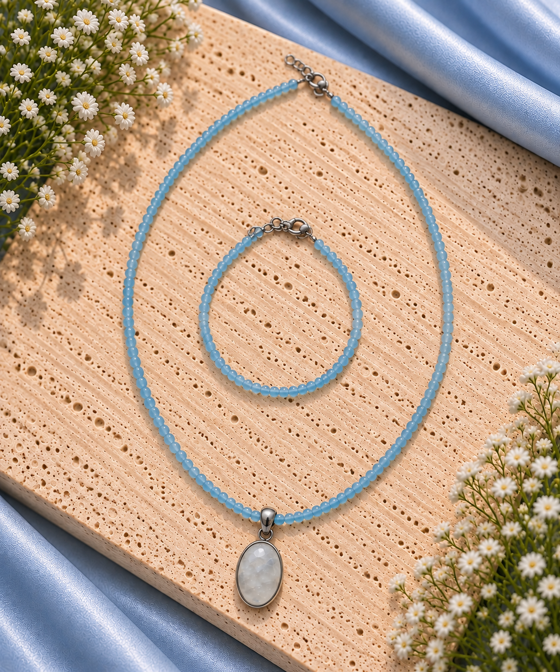 Parure collier et bracelet en petites perles d’aigue-marine bleu ciel avec pendentif ovale pierre de lune arc-en-ciel serti argent