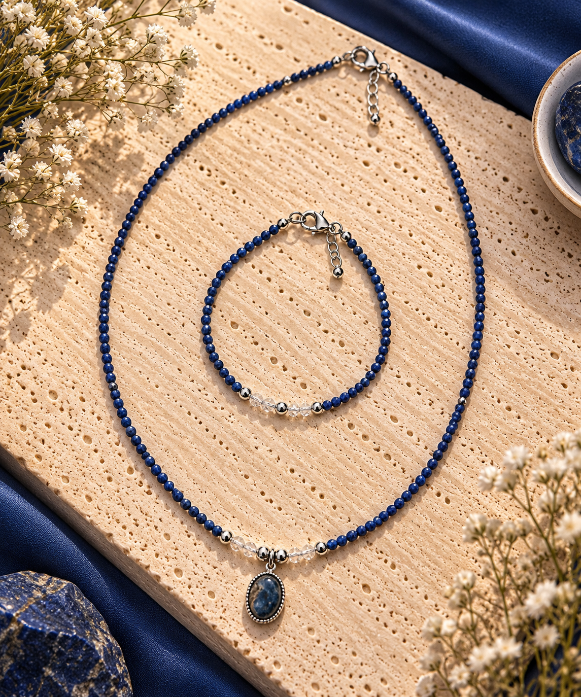 Parure collier et bracelet en perles de lapis-lazuli bleu nuit avec accents cristal et séparateurs argentés, pendentif ovale labradorite serti argent