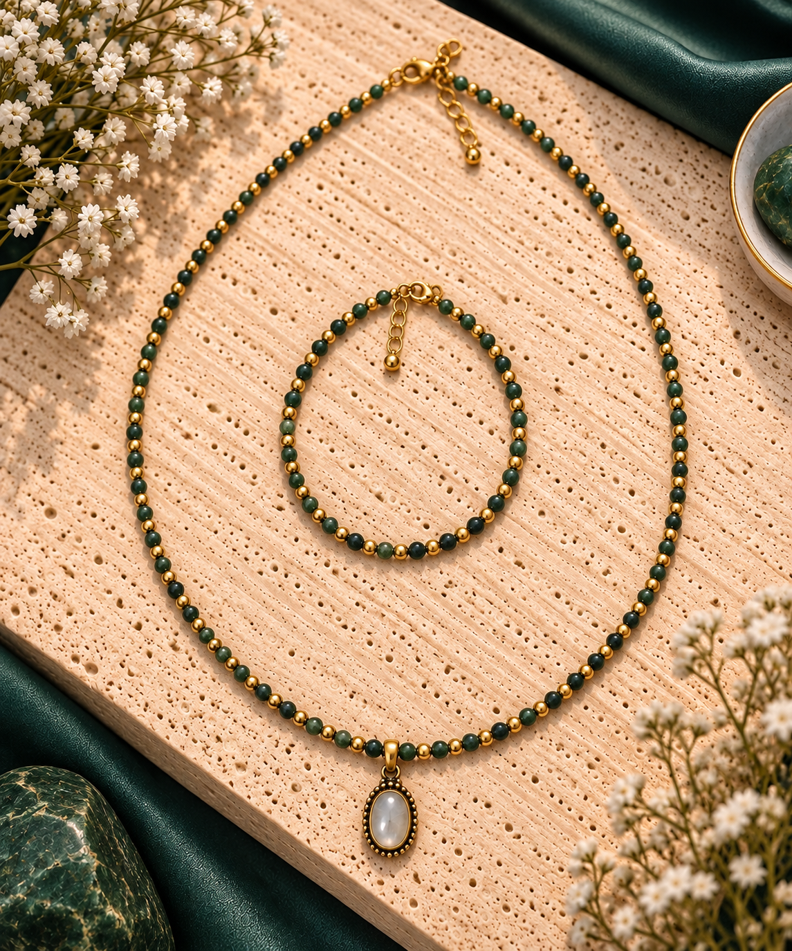 Parure collier et bracelet en perles de tourmaline elbaïte vert foncé alternées de billes dorées, pendentif ovale pierre de lune nacré serti doré