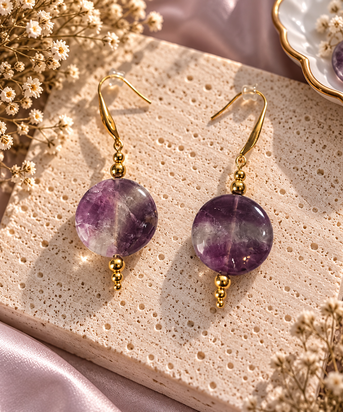 Boucles d'oreilles pendantes grands disques ronds polis en amethyste violet intense veinee de blanc sur crochets dores avec billes separatrices dorees