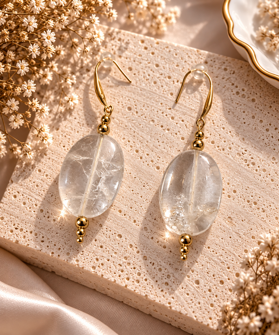 Boucles d'oreilles pendantes galets ovales polis en cristal de roche transparent veines sur crochets dores avec billes separatrices dorees