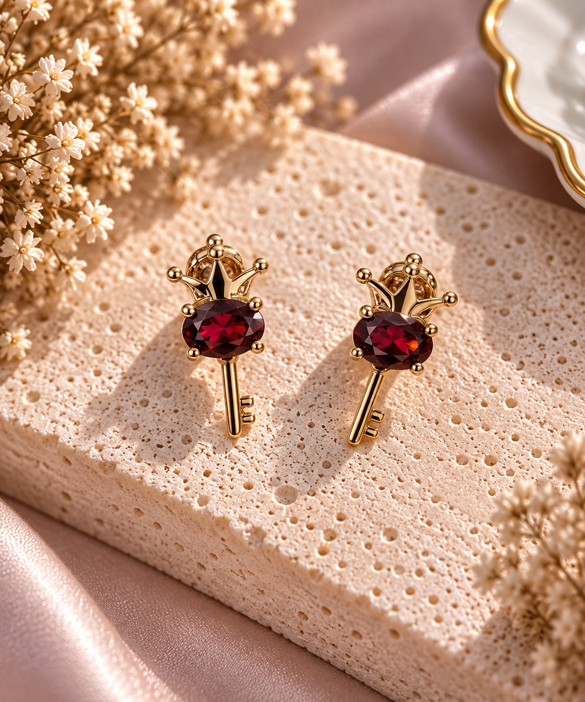 Boucles d'oreilles puces cabochons ovales facettes de pyrope rouge sang intense serties dans un motif cle couronnee doree ciselee