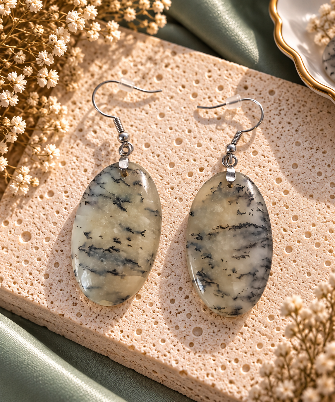 Boucles d'oreilles pendantes grands galets ovales polis en agate dendritique creme et beige veinee de ramifications noires sur crochets argentes