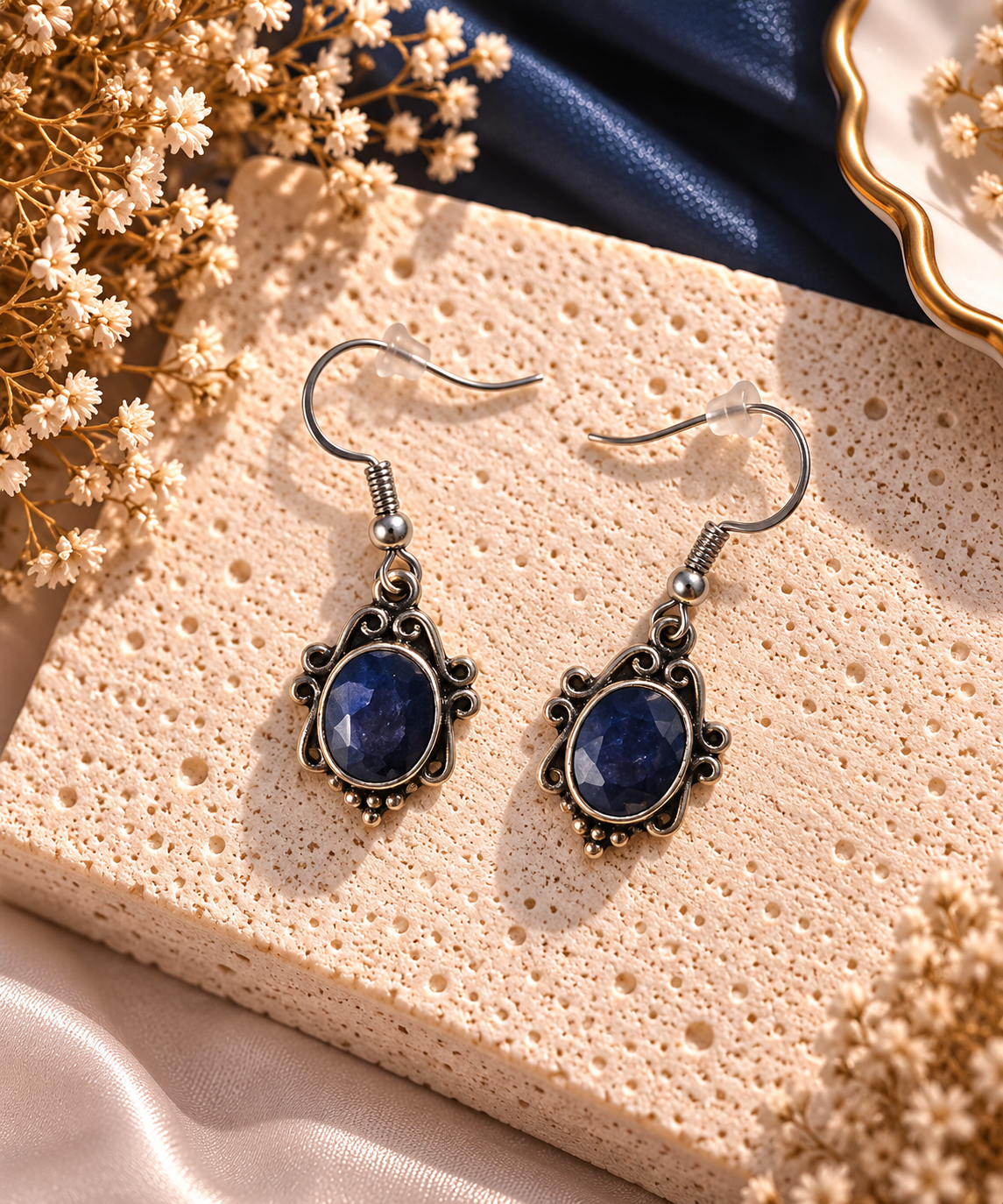 Boucles d'oreilles pendantes cabochons ovales facettes de tanzanite bleu nuit profond serties dans un cadre argent baroque aux volutes ciselee