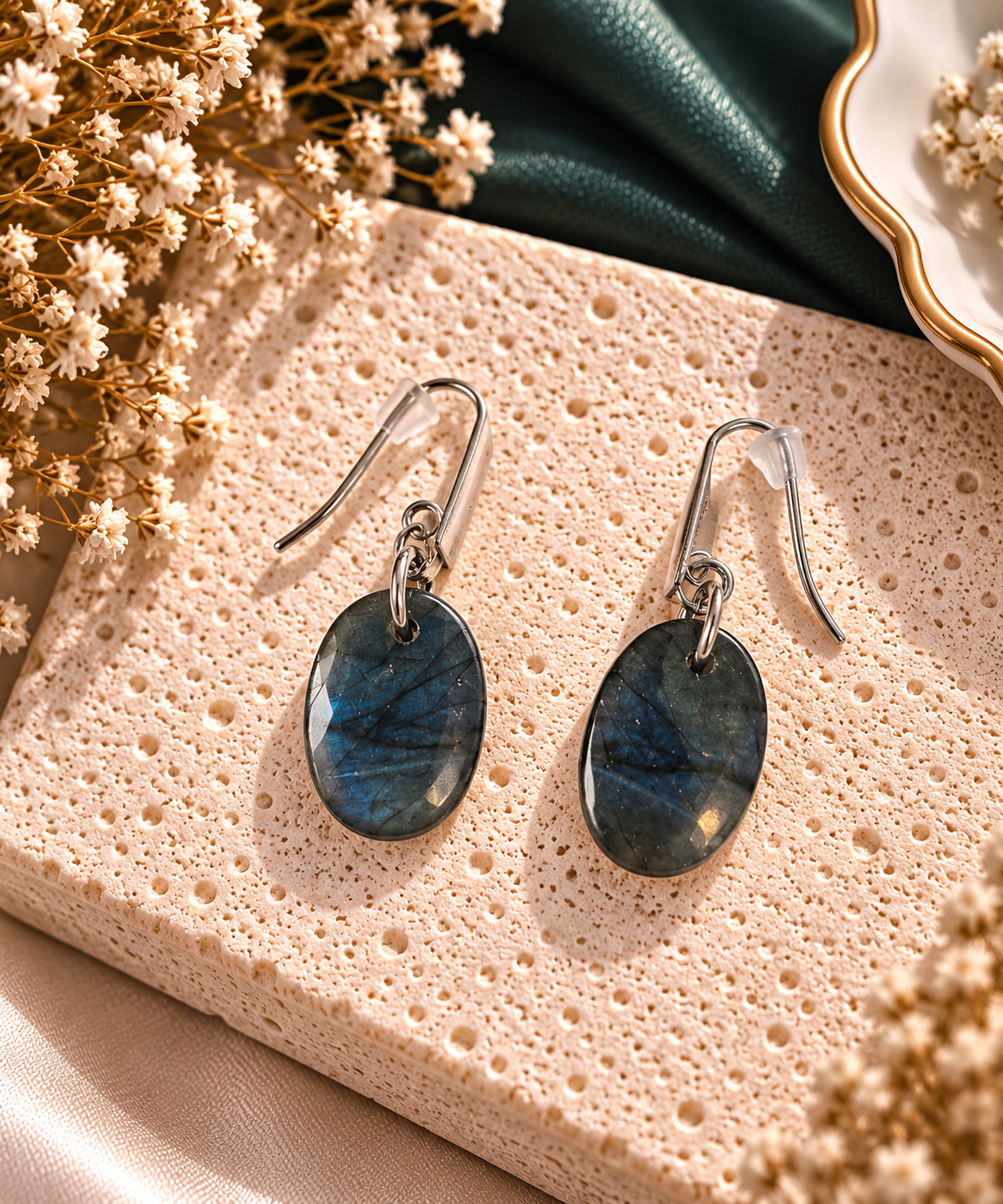 Boucles d'oreilles pendantes galets ovales polis de labradorite gris-bleu aux reflets irises bleu electrique et or sur crochets argentes epures