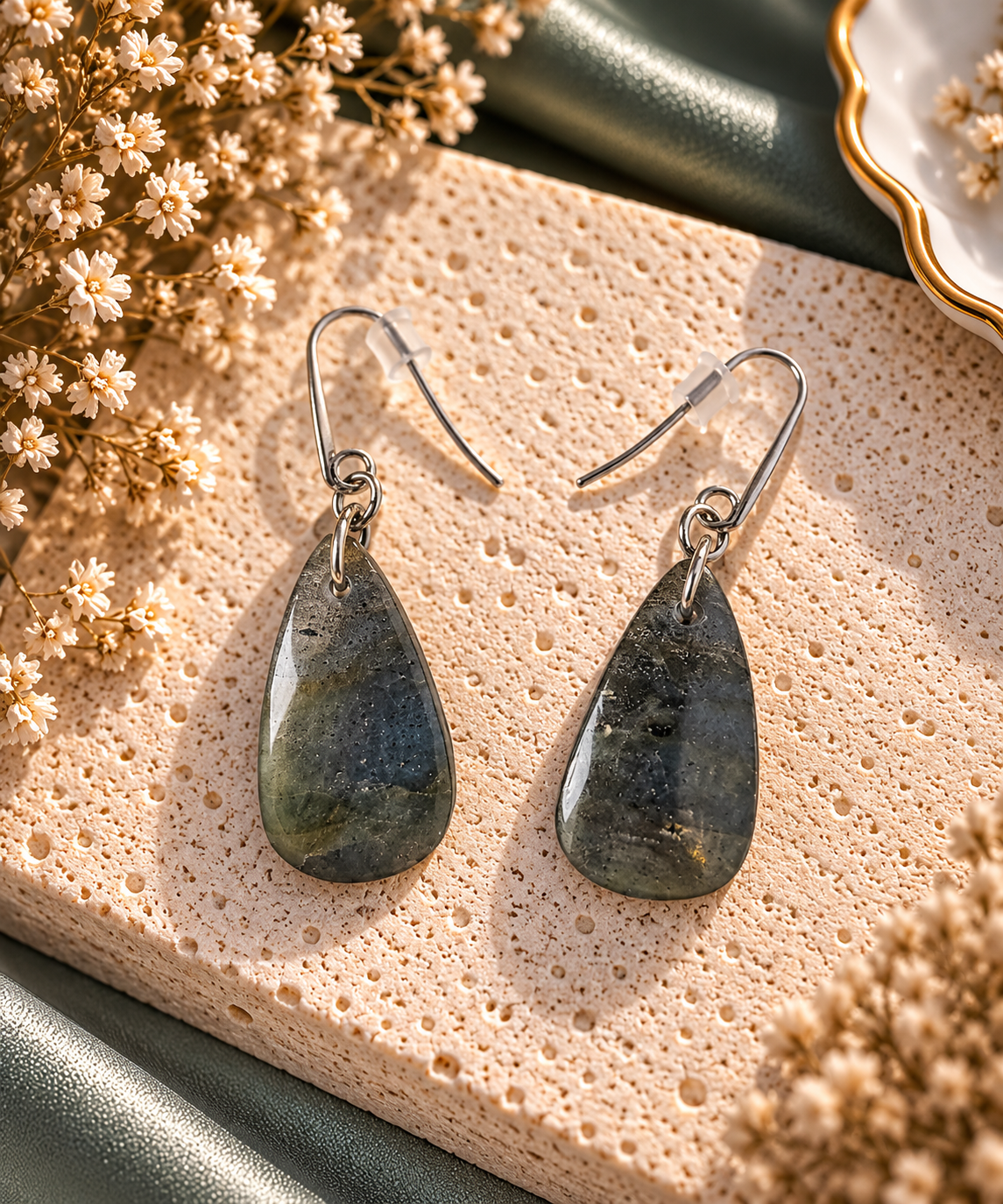 Boucles d'oreilles pendantes larges gouttes triangulaires polies en labradorite gris-vert aux reflets bleutes et dores chatoyants sur crochets argentes fins