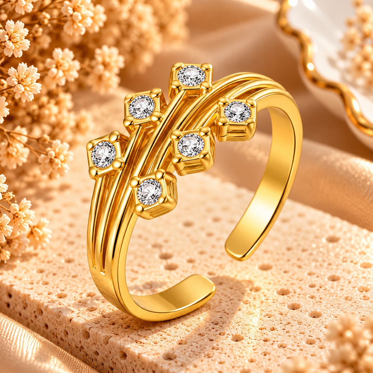 Bague Constellation dorée ouverte à plusieurs lignes, ornée de six zircons ronds transparents dans des montures carrées