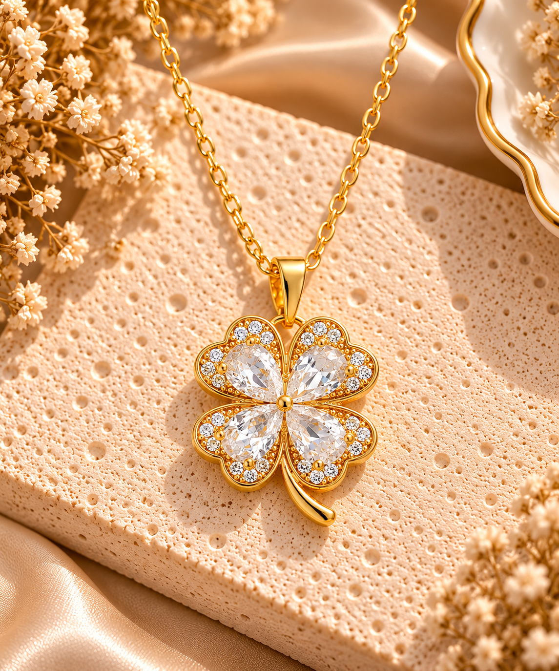 Collier doré avec pendentif trèfle à quatre feuilles orné de zircons transparents de différentes tailles