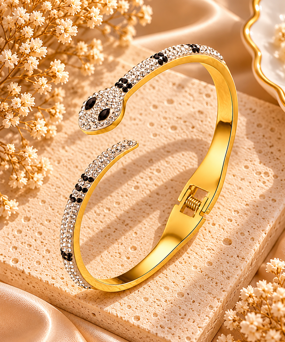 Bracelet jonc serpent doré orné de pierres transparentes et de détails noirs, avec tête et queue se faisant face