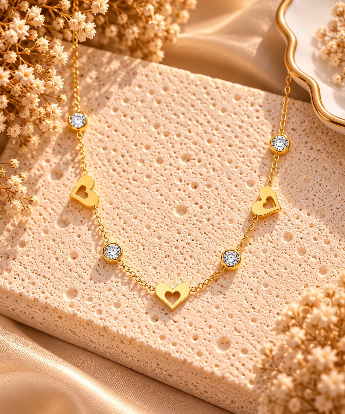 Collier doré alternant trois cœurs ajourés et des zircons ronds transparents sur une fine chaîne