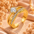 Bague Aurore dorée ouverte à bandes entrecroisées, ornée d’un grand zircon rond et d’une rangée de petits zircons